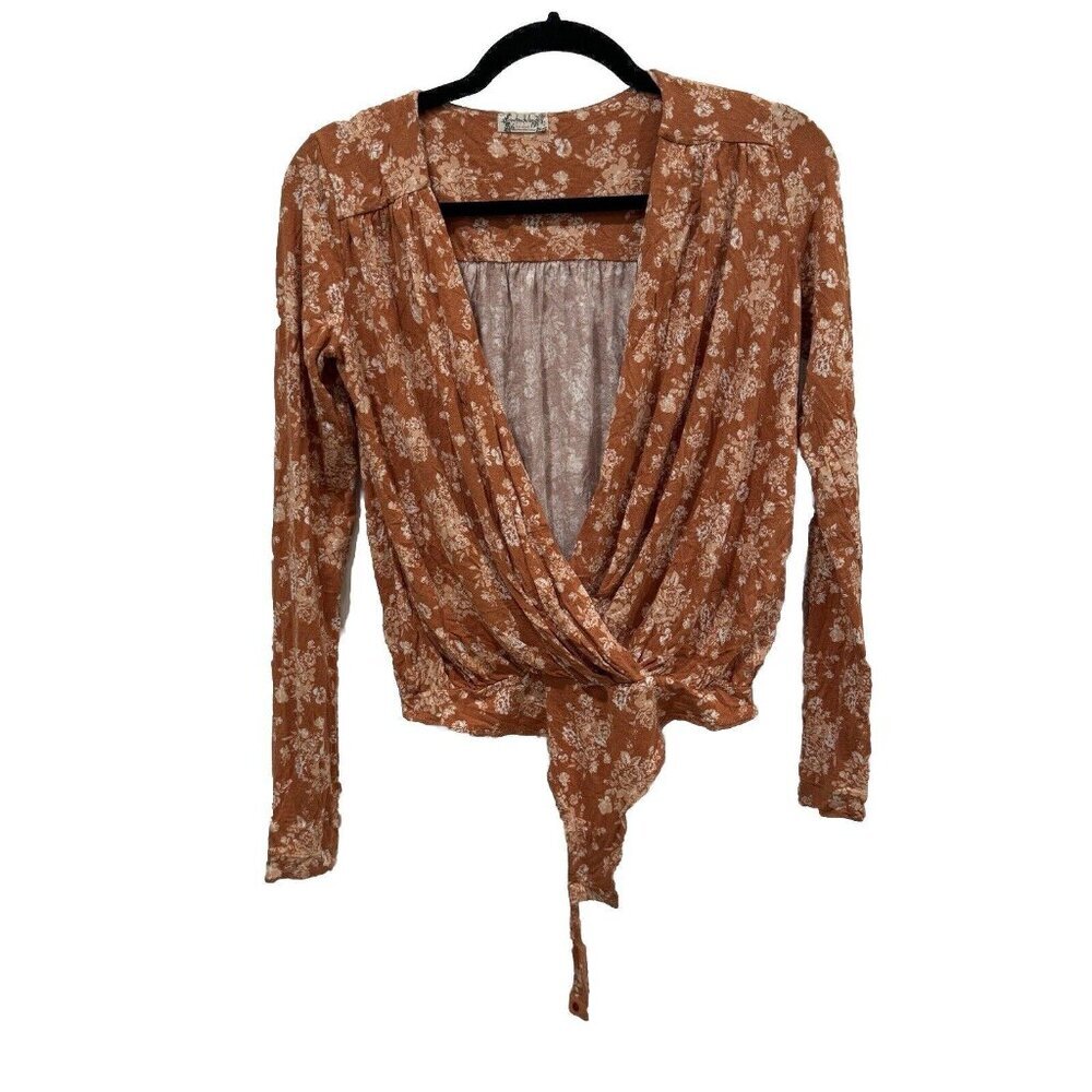 Free People Floral Surplice Wrap Long‎ Sleeve Brown Bodysuit Top Women S